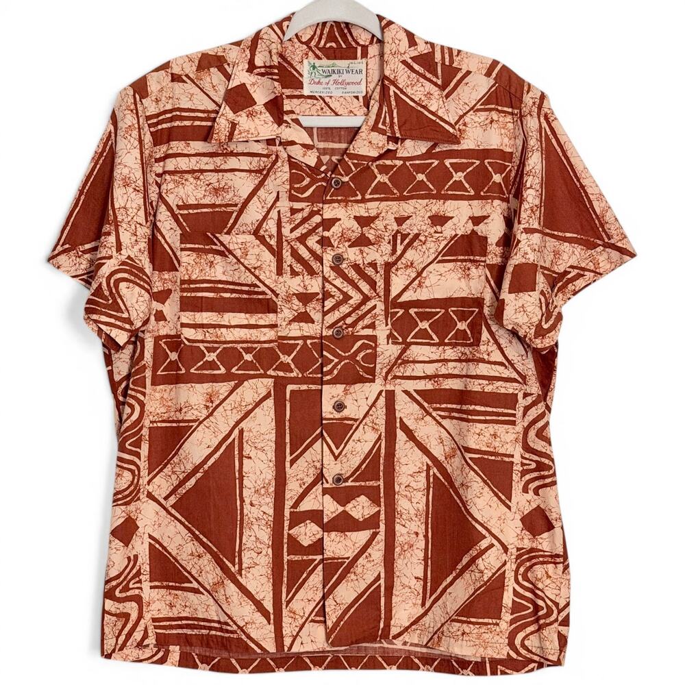 Vintage 50s Duke of Hollywood Hawaiian Shirt Waikiki Wear Atomic Print Aloha L